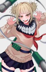 Rule 34 | 1girl, absurdres, belt, blonde hair, blue skirt, blunt bangs, blush, boku no hero academia, cardigan, double bun, fangs, hair bun, highres, messy hair, open mouth, paw pose, pleated skirt, sidelocks, skirt, solo, thigh strap, toga himiko, tongue, tongue out, utility belt, yellow eyes