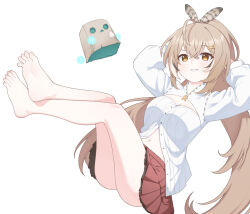 Rule 34 | 1girl, absurdres, ahoge, arms up, barefoot, breasts, brown eyes, brown hair, cleavage cutout, clothing cutout, commentary request, crossed bangs, dutch angle, eyelashes, feather hair ornament, feathers, feet, full body, hair ornament, highres, hololive, hololive english, korean commentary, legs, long hair, miniskirt, nanashi mumei, navel, partially unbuttoned, red skirt, shirt, sidelocks, skirt, small breasts, soles, solo, teeth, thighs, toenails, toes, ugaaaa1, very long hair, virtual youtuber, white shirt