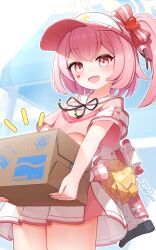 Rule 34 | 1girl, adapted costume, blue archive, blush, box, cheerleader, cowboy shot, hair between eyes, halo, hat, highres, holding, holding box, j2l, long hair, one side up, open mouth, pink eyes, pink hair, pink halo, pleated skirt, serina (blue archive), short sleeves, signature, skirt, smile, solo, white skirt