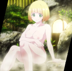 Rule 34 | 1girl, absurdres, anime screenshot, arm under breasts, bathing, blonde hair, blush, breasts, collarbone, completely nude, green eyes, highres, mato seihei no slave, nude, screencap, short hair, sidelocks, sitting, smile, stitched, suruga shushu, thick eyebrows, thighs, third-party edit