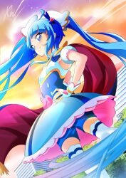 Rule 34 | 1girl, ahoge, bike shorts, blue cape, blue dress, blue eyes, blue hair, blue shorts, bow, brooch, cape, closed mouth, commentary, cure sky, cut bangs, dress, dress bow, earrings, fingerless gloves, fringe trim, gloves, hand on own hip, highres, hirogaru sky! precure, jewelry, long hair, looking at viewer, magical girl, orange sky, outdoors, pink hair, precure, puffy short sleeves, puffy sleeves, red cape, short dress, short sleeves, shorts, shorts under dress, single sidelock, sky, sleeveless, sleeveless dress, smile, solo, sora harewataru, standing, thighhighs, tirofinire, twilight, twintails, two-sided cape, two-sided fabric, white gloves, white thighhighs, wind, wing brooch, wing hair ornament