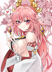 Rule 34 | 1girl, absurdres, animal ears, bare shoulders, blush, breasts, clothes pull, cum, cum in clothes, cum on body, cum on breasts, cum on upper body, detached sleeves, earrings, fox ears, from side, genshin impact, heart, highres, japanese clothes, jewelry, long hair, looking at viewer, medium breasts, miko, nipples, nontraditional miko, patpang, pink hair, pulled by self, purple eyes, shirt, sideboob, sleeveless, sleeveless shirt, solo, spoken heart, white shirt, white sleeves, yae miko