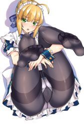 Rule 34 | 1girl, :o, ahoge, alternate costume, apron, artoria pendragon (all), artoria pendragon (fate), ass, black pantyhose, blue bow, blue bowtie, blush, bow, bow panties, bowtie, braid, breasts, commentary request, crotch seam, enmaided, fate/stay night, fate (series), feet, foot focus, french braid, frills, full body, green eyes, hair bun, hugging own legs, legs up, looking at viewer, maid, maid apron, maid headdress, no shoes, open mouth, panties, panties under pantyhose, pantyhose, pantyshot, puffy short sleeves, puffy sleeves, saber (fate), shirokuma a, short hair, short sleeves, sidelocks, single hair bun, soles, solo, thighband pantyhose, toes, underwear, upskirt, waist apron, white panties, wrist cuffs