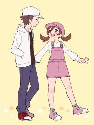 Rule 34 | 1boy, 1girl, alternate costume, baseball cap, brown eyes, brown hair, closed eyes, creatures (company), flower (symbol), full body, game freak, hand in pocket, hat, highres, hood, hoodie, looking at another, lyra (pokemon), nintendo, overalls, pink footwear, pokemon, pokemon hgss, pumpkinpan, red (pokemon), red footwear, simple background, smile, standing, twintails, yellow background