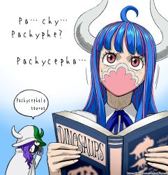 Rule 34 | 1boy, 1girl, ahoge, blue background, blue hair, blue neckwear, book, cape, dinosaur, english text, gradient background, hair over one eye, hat, holding, holding book, horns, long hair, mask, mouth mask, multicolored clothes, multicolored hair, multicolored headwear, nel-zel formula, one piece, page one (one piece), purple hair, twitter username, ulti (one piece), watermark, web address, white background