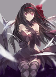 Rule 34 | 10s, 1girl, akemi homura, akuma homura, argyle, argyle clothes, argyle legwear, artist name, bad id, bad pixiv id, bare shoulders, black gloves, black hair, black theme, black thighhighs, bow, choker, clenched hand, crying, crying with eyes open, elbow gloves, feathers, gloves, hair bow, hand on own chest, highres, long hair, looking at viewer, mahou shoujo madoka magica, mahou shoujo madoka magica: hangyaku no monogatari, purple eyes, red eyes, signature, solo, spoilers, swd3e2, tears, thighhighs, wings