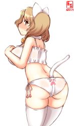 Rule 34 | 1girl, anal tail, animal ears, artist logo, ass, bell, blush, bra, breasts, brown eyes, brown hair, butt plug, cat ears, cat lingerie, cat tail, choker, commentary request, cowboy shot, dated, embarrassed, fake animal ears, fake tail, from behind, highres, houston (kancolle), jingle bell, kanon (kurogane knights), kantai collection, large breasts, looking at viewer, looking back, meme attire, neck bell, panties, short hair, side-tie panties, simple background, solo, standing, tail, thighhighs, underwear, underwear only, white background, white bra, white panties