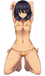 Rule 34 | 1girl, absurdres, armpits, arms behind head, arms up, barefoot, bikini, black hair, bob cut, breasts, brown hair, closed mouth, commentary request, commission, dark-skinned female, dark skin, frown, full body, girls und panzer, green eyes, halterneck, highres, hoshino (girls und panzer), kneeling, large breasts, looking at viewer, micro bikini, navel, orange bikini, partial commentary, pixiv commission, sattinittas, short hair, side-tie bikini bottom, simple background, solo, string bikini, swimsuit, white background