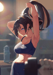 Rule 34 | 1girl, 1other, absurdres, adjusting hair, arm behind head, arm up, armpits, bare shoulders, black hair, blonde hair, blue eyes, blurry, blurry background, blurry foreground, bottle, breasts, cleavage, collarbone, crossed bangs, dangle earrings, dark-skinned female, dark skin, dehya (genshin impact), earrings, genshin impact, hair between eyes, hair ears, hair intakes, highres, holding, holding dumbbell, holding own hair, huan biao xiang, jewelry, large breasts, light particles, long hair, looking down, multicolored hair, navel, pants, parted lips, single earring, solo focus, sports bra, stomach, streaked hair, toned, two-tone hair, very long hair, water bottle, yellow pupils, yoga pants
