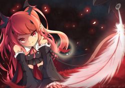 Rule 34 | 10s, 1girl, black skirt, black thighhighs, detached sleeves, feathers, hair ornament, highres, krul tepes, long hair, owari no seraph, pleated skirt, red eyes, red hair, si xia daze, skirt, smile, solo, thighhighs