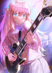 Rule 34 | 1girl, blue eyes, bocchi the rock!, breasts, closed mouth, commentary request, cube hair ornament, electric guitar, gotoh hitori, grey skirt, guitar, hair between eyes, hair ornament, highres, holding, holding instrument, instrument, jacket, long hair, long sleeves, medium breasts, one side up, pink hair, pink jacket, pleated skirt, skirt, solo, usanekorin, very long hair