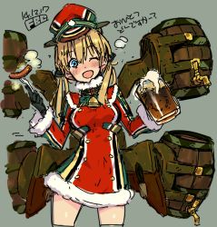 Rule 34 | 10s, 1girl, alcohol, beer, blonde hair, blush, cup, dress, fbc, gloves, hat, kantai collection, mug, one eye closed, open mouth, peaked cap, prinz eugen (kancolle), santa costume, sausage, smile, solo, thighhighs, twintails, uniform