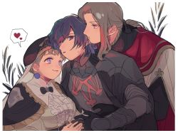 Rule 34 | 1girl, 2boys, 3rdk0n, armor, black gloves, blonde hair, blue eyes, blue hair, blush, bow, breasts, brother and sister, byleth (fire emblem), byleth (male) (fire emblem), cape, dress, earrings, fire emblem, fire emblem: three houses, gloves, hair ribbon, hat, heart, holding, holding hands, hug, hug from behind, jeritza von hrym, jewelry, large breasts, long hair, mercedes von martritz, multiple boys, nintendo, ponytail, pout, ribbon, short hair, siblings, simple background, smile, spoken heart, upper body, white background