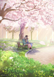 Rule 34 | 2girls, aqua jacket, bench, black hair, blonde hair, blue dress, blurry, breasts, brown jacket, cherry blossoms, closed eyes, cup, dappled sunlight, day, depth of field, disposable cup, dress, falling petals, floating hair, grass, highres, holding, holding cup, inoue takina, jacket, jacket on shoulders, large breasts, long hair, lycoris recoil, multiple girls, neck ribbon, nishikigi chisato, official art, open mouth, outdoors, park bench, petals, pink skirt, purple ribbon, ribbon, shirt, short hair, sitting, skirt, sleeping, sleeping on person, socks, sunlight, white footwear, white shirt, white socks, wide shot