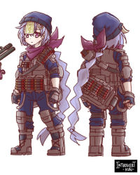 Rule 34 | 1girl, absurdly long hair, bag, black gloves, black jumpsuit, boots, braid, braided ponytail, bulletproof vest, character sheet, coin hair ornament, combat boots, commentary, english commentary, fingerless gloves, from behind, full body, genshin impact, gloves, gun, hair ornament, hair ribbon, hat, highres, introvert-kun, jiangshi, jumpsuit, long hair, looking at viewer, low ponytail, ofuda, purple eyes, purple hair, purple scarf, qiqi (genshin impact), ribbon, scarf, shotgun, shotgun shell, sidelocks, simple background, single braid, solo, tactical clothes, very long hair, weapon, white background