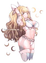 Rule 34 | 1girl, armpits, arms behind head, arms up, blonde hair, blue eyes, breasts, charlotte (fire emblem), dip-art, fire emblem, fire emblem fates, highres, large breasts, long hair, looking at viewer, navel, nintendo, one eye closed, simple background, smile, solo, watermark, web address, white background