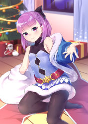 Rule 34 | 1girl, absurdres, bare shoulders, black pantyhose, blue coat, blue dress, blush, bow, breasts, christmas, christmas tree, closed mouth, coat, colonel olcott (fate), dress, fate/grand order, fate/grand order arcade, fate (series), fur-trimmed coat, fur-trimmed dress, fur trim, hair bow, helena blavatsky (christmas) (fate), helena blavatsky (fate), highres, kano (kotailo), kneeling, long sleeves, looking at viewer, open clothes, open coat, pantyhose, purple eyes, purple hair, short hair, small breasts, smile, solo