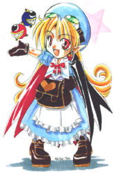 Rule 34 | :d, apron, bag, blonde hair, bow, cape, chibi, curly hair, dress, gloves, goggles, hat, heart, long hair, lowres, marivel armitage, open mouth, pointy ears, red eyes, ribbon, shoes, smile, solo, star-oshamanbe, star (symbol), vampire, wild arms