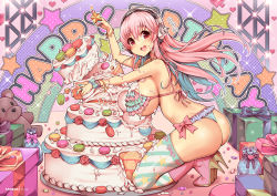 Rule 34 | 1girl, ass, bangle, bare shoulders, bikini, blue bikini, blue hair, boots, box, bracelet, breasts, cake, floating hair, food, food on face, frilled bikini, frills, gift, gift box, hair between eyes, happy birthday, headphones, heart, high heel boots, high heels, jewelry, kneeling, large breasts, long hair, looking at viewer, macaron, multicolored hair, nitroplus, open mouth, pink footwear, pink hair, polka dot, polka dot bikini, red eyes, smile, solo, string bikini, striped clothes, striped thighhighs, super sonico, swimsuit, thighhighs, thong bikini, two-tone hair, virus-g, white thighhighs