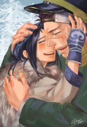 Rule 34 | 10s, 1boy, 1girl, absurdres, ainu, ainu clothes, akariri345, artist name, asirpa, bandana, black hair, brown hair, cape, crying, closed eyes, face-to-face, fingerless gloves, fur cape, gloves, golden kamuy, hand on another&#039;s face, hand on another&#039;s head, happy tears, hat, highres, hug, long hair, military hat, open mouth, profile, scar, scar on face, scarf, short hair, signature, smile, sugimoto saichi, tears, tree
