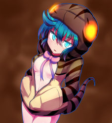 Rule 34 | 10s, 1girl, animal hood, blue hair, blush, bow, bowtie, breasts, breasts apart, commentary request, crossed bangs, dress, glowing, glowing eye, green eyes, half-closed eyes, hands in pockets, hood, hood up, hoodie, kemono friends, looking at viewer, medium breasts, naked hoodie, navel, no bra, open mouth, pink bow, pink bowtie, snake tail, solo, standing, stomach, striped clothes, striped hoodie, striped tail, sweater, sweater dress, tail, tsuchinoko (kemono friends), unzipped