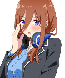 Rule 34 | 1girl, absurdres, black jacket, blue eyes, blue shirt, blush, breasts, brown hair, commentary request, finger to mouth, fingernails, go-toubun no hanayome, hand up, headphones, headphones around neck, highres, jacket, large breasts, long hair, looking at viewer, nakano miku, open clothes, open jacket, open mouth, school uniform, shirt, shushing, simple background, solo, tokunaga (umemoto), upper body, v-shaped eyebrows, white background