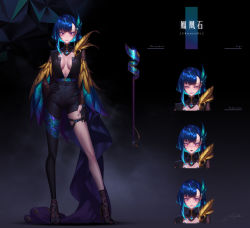 Rule 34 | 1girl, asymmetrical bangs, asymmetrical clothes, black gloves, black pants, blue feathers, blue hair, blue nails, breasts, cleavage, closed eyes, closed mouth, feathers, gloves, green feathers, hand on own hip, hand on lap, high heels, highres, large breasts, long sleeves, looking at viewer, medium hair, nail polish, open mouth, original, pants, red eyes, regition, short hair with long locks, sidelocks, signature, single pantsleg, skindentation, smile, solo, staff, standing, thigh strap, v-shaped eyebrows, yellow feathers