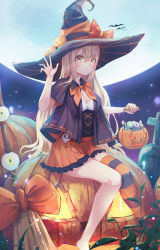Rule 34 | 1girl, bad id, bad pixiv id, bat (animal), blush, bow, bowtie, breasts, broom, candy, cleavage, cloak, cross-laced clothes, doroshi, food, frilled skirt, frills, hair between eyes, halloween, hand up, hat, highres, holding, jack-o&#039;-lantern, long hair, looking at viewer, moon, multicolored clothes, night, night sky, orange shirt, original, platinum blonde hair, pleated skirt, pumpkin, shirt, single thighhigh, sitting, skirt, skull, sky, smile, solo, star (sky), starry sky, striped clothes, striped thighhighs, thighhighs, tombstone, witch, witch hat, yellow eyes