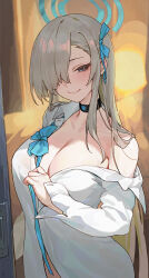 Rule 34 | 1girl, absurdres, asuna (blue archive), black choker, blue archive, blue bow, blue bowtie, blue eyes, blue halo, blue ribbon, blush, bow, bowtie, breasts, choker, cleavage, closed mouth, hair over one eye, hair ribbon, halo, highres, large breasts, light brown hair, long hair, long sleeves, looking at viewer, r1zen, ribbon, shirt, smile, solo, upper body, white shirt