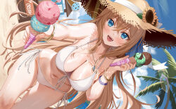Rule 34 | 1girl, amane mihiro, bare shoulders, bikini, blue eyes, blush, bracelet, breasts, brown hair, cleavage, commentary request, crossed bangs, day, food, giving, halterneck, hat, holding, ice cream, indie virtual youtuber, jewelry, large breasts, long hair, looking at viewer, navel, open mouth, outdoors, palm tree, piyopoyo, side-tie bikini bottom, smile, solo, straw hat, string bikini, summer, sun hat, swimsuit, thighs, tree, virtual youtuber, white bikini