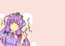 Rule 34 | 1girl, :&lt;, ^^^, ahoge, bad id, bad pixiv id, blush stickers, capelet, chorin, crescent, dress, female focus, hair ribbon, index finger raised, lace, long hair, open mouth, patchouli knowledge, purple eyes, purple hair, ribbon, simple background, solo, striped, touhou, translation request