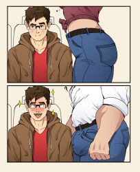 Rule 34 | 1girl, 2boys, ?, absurdres, accidental touch, ahegao, ass, bara, bulge, bulge press, bus interior, dadee (da ddy22), denim, dry humping, facial hair, from side, glasses, heart, highres, humping, jeans, male focus, multiple boys, muscular, muscular male, mustache stubble, open mouth, original, pants, parody, public indecency, short hair, shy, sideburns, sleeves rolled up, sparkle, stubble, thick eyebrows, upper body, yaoi