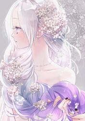 Rule 34 | 1girl, black nails, blush, braid, chiba megumu, collarbone, dangle earrings, doily, dress, ear piercing, earrings, flower, flower braid, flower earrings, gradient hair, grey background, grey hair, grey nails, hair flower, hair ornament, highres, holding another&#039;s hair, hydrangea, jewelry, long hair, looking to the side, multicolored hair, nail polish, necklace, off-shoulder dress, off shoulder, original, out of frame, parted bangs, parted lips, pearl earrings, pearl necklace, piercing, pink nails, profile, purple eyes, purple hair, signature, single braid, solo, upper body, white dress, white flower, white hair