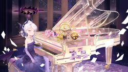 Rule 34 | 1girl, black horns, blue archive, dangle earrings, demon horns, demon wings, dress, earrings, elbow gloves, forest 0, gloves, grand piano, halo, highres, hina (blue archive), hina (dress) (blue archive), horns, instrument, jewelry, long hair, multiple horns, official alternate costume, official alternate hairstyle, piano, purple dress, purple eyes, purple gloves, purple wings, solo, strapless, strapless dress, white hair, wings