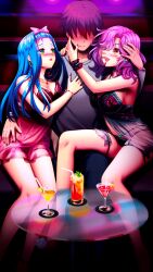 Rule 34 | 1boy, 2girls, bare legs, black panties, blue hair, blush, bow, bracelet, breasts, cleavage, closed mouth, cocktail glass, cup, curly hair, doukyuusei, doukyuusei another world, dress, drinking glass, drinking straw, earrings, game cg, green eyes, hair bow, hair over eyes, hand in another&#039;s hair, hand on another&#039;s hip, jewelry, kakyuusei, large breasts, lingerie, long hair, medium breasts, multiple girls, nail polish, naruse kaori (doukyuusei), necklace, negligee, open mouth, panties, pink bow, pink hair, red nails, see-through, see-through dress, sideboob, sitting, underwear, very long hair, yamashita minatsu, yellow eyes