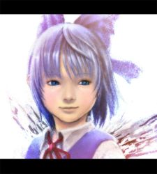 Rule 34 | 1girl, blue eyes, blue hair, child, cirno, embodiment of scarlet devil, letterboxed, matching hair/eyes, portrait, realistic, shiroi karasu, solo, touhou