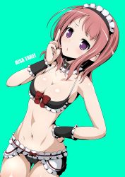 Rule 34 | 1girl, bikini, blush, bow, breasts, cameltoe, character name, cleavage, collar, female focus, frilled bikini, frills, green background, groin, hand on own hip, highres, large breasts, looking at viewer, maid, maid bikini, maid headdress, medium hair, navel, open mouth, purple eyes, red bow, red hair, saki (manga), shiny skin, simple background, solo, swimsuit, takei hisa, unconventional maid, xiao rui rui