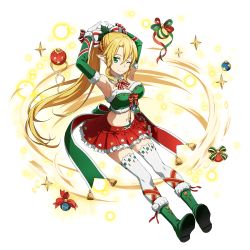 Rule 34 | 1girl, armpits, blonde hair, boots, bow, braid, breasts, christmas, christmas ornaments, detached collar, dress, full body, fur trim, green eyes, green footwear, hair between eyes, hair bow, highres, large breasts, leafa, long hair, official art, one eye closed, ornament, pointy ears, ponytail, red skirt, santa dress, skirt, smile, sword art online, sword art online: memory defrag, thighhighs, thighhighs under boots, transparent background, twin braids, white thighhighs, zettai ryouiki