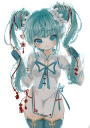Rule 34 | 1girl, aqua eyes, aqua hair, aqua ribbon, blush, breasts, china dress, chinese clothes, cowboy shot, double bun, dress, fingerless gloves, gloves, hair bun, hatsune miku, highres, holding, holding hair, long hair, long sleeves, looking at viewer, panties, pelvic curtain, pout, red panties, red ribbon, red tassel, ribbon, see-through, see-through sleeves, side-tie panties, side slit, sidelocks, simple background, small breasts, solo, subetehakai, tassel, thighhighs, twintails, underwear, vocaloid, white background, white dress