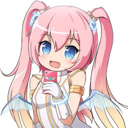Rule 34 | 00s, 1girl, :d, angelic buster, bare shoulders, bat wings, blonde hair, blue eyes, blush, cellphone, fang, gloves, gradient hair, hair ornament, horns, long hair, looking at viewer, maplestory, multicolored hair, nekono rin, open mouth, phone, pink hair, simple background, smile, solo, twintails, two side up, wings