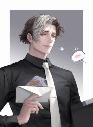 Rule 34 | 1boy, black shirt, border, brown hair, collared shirt, emet-selch, envelope, final fantasy, final fantasy xiv, forehead jewel, grey background, highres, holding, holding envelope, long sleeves, looking to the side, male focus, multicolored hair, necktie, parted lips, shirt, short hair, smile, solo, spoken blush, two-tone hair, upper body, white hair, white necktie, yellow eyes, yufy