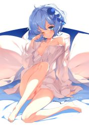 Rule 34 | 10s, 1girl, barefoot, bed sheet, blue eyes, blue hair, blush, bottomless, breasts, cleft of venus, unworn eyewear, full body, glasses, hair ornament, kaede (sayappa), matching hair/eyes, naked shirt, off shoulder, on bed, one eye closed, open mouth, pillow, piruluk, pussy, rubbing eyes, shirt, short hair, sitting, small breasts, solo, unbuttoned, white shirt, wixoss