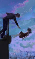 Rule 34 | 1boy, 1girl, absurdres, against railing, black hair, black jacket, black pants, black suit, blue sky, cityscape, cloud, cloudy sky, dress, falling, floating hair, formal, from side, glasses, gureru (r grey1204), hair over eyes, highres, hiyama kiyoteru, jacket, kaai yuki, kneehighs, leaning forward, long hair, long sleeves, multicolored sky, no shoes, on roof, open mouth, outdoors, outstretched hand, pants, pinafore dress, pleated dress, profile, puffy short sleeves, puffy sleeves, purple sky, railing, reaching towards another, shirt, short hair, short sleeves, simple bird, sky, sleeveless, sleeveless dress, socks, suicide, suit, vocaloid, white shirt, wide shot