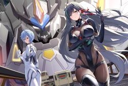 Rule 34 | 2girls, ass, ayanami rei, black hair, blue hair, bodysuit, breasts, collaboration, elbow gloves, from behind, gloves, green eyes, hair ornament, large breasts, lazgear, leotard, lin (tower of fantasy), long hair, looking at viewer, looking back, mecha, medium breasts, multiple girls, neon genesis evangelion, open mouth, parted lips, red eyes, robot, short hair, sideboob, thighhighs, tower of fantasy, very long hair