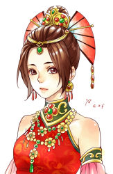 Rule 34 | 1girl, bangs pinned back, bare shoulders, brown eyes, brown hair, chinese clothes, circlet, closed mouth, commentary request, detached sleeves, dress, earrings, gem, headdress, jewelry, jian xia qing yuan (series), jianxia qingyuan (series), jianxia qingyuan online 3, kangetsu (fhalei), looking at viewer, necklace, parted bangs, red dress, short hair, signature, simple background, solo, upper body, white background