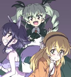 Rule 34 | 3girls, anchovy (girls und panzer), animal ears, ascot, back, bad id, bad twitter id, bikini, black background, black cape, black hair, black neckwear, black ribbon, black skirt, blazer, blonde hair, braid, breasts, brooch, cape, carpaccio (girls und panzer), cleavage, collar, commentary, cosplay, dress shirt, drill hair, erakin, fake animal ears, fake tail, fangs, frankenstein&#039;s monster, frankenstein&#039;s monster (cosplay), fur-trimmed gloves, fur bikini, fur collar, fur trim, girls und panzer, gloves, green eyes, green hair, grey bikini, grin, hair ribbon, halloween, halloween costume, highres, holding, holding riding crop, jacket, jewelry, leaning forward, long hair, looking at viewer, loose necktie, medium breasts, miniskirt, multiple girls, necktie, object through head, open mouth, orange jacket, pantyhose, pepperoni (girls und panzer), pleated skirt, red eyes, ribbon, riding crop, screw in head, sharp teeth, shirt, short hair, side braid, simple background, skirt, smile, stitches, swimsuit, tail, teeth, twin drills, twintails, vampire costume, werewolf, white collar, white legwear, white shirt, wing collar, wolf ears, wolf tail