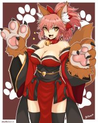 Rule 34 | 1girl, absurdres, animal ear fluff, animal ears, animal hands, bell, breasts, cat paws, cleavage, collar, dclaret, fang, fate/grand order, fate (series), fox ears, fox girl, fox tail, gloves, hair ribbon, highres, japanese clothes, jingle bell, kimono, large breasts, long hair, looking at viewer, neck bell, paw gloves, pink hair, ponytail, red kimono, red ribbon, ribbon, solo, tail, tamamo (fate), tamamo cat (fate), tamamo cat (first ascension) (fate), yellow eyes