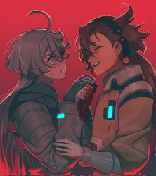Rule 34 | 2girls, ahoge, black hairband, blood, blood on face, blood on hands, clenched hand, closed eyes, grey eyes, grey hair, gundam, gundam suisei no majo, hair between eyes, hairband, hand on another&#039;s arm, highres, holding hands, long hair, looking at another, low ponytail, miorine rembran, multiple girls, open mouth, pilot suit, radiostarkiller, red background, red hair, short hair with long locks, smile, spacesuit, suletta mercury, teeth, thick eyebrows, upper body, upper teeth only