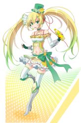 Rule 34 | 1girl, bad id, bad pixiv id, blonde hair, boots, bow, c.c. lemon, fingerless gloves, gloves, gradient hair, green hair, hair bow, hat, headphones, high heels, kikugetsu, midriff, multicolored hair, navel, personification, shoes, solo, thigh boots, thighhighs, twintails, zettai ryouiki