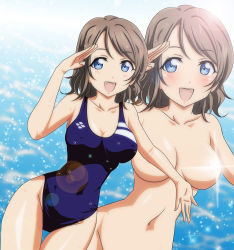 Rule 34 | 10s, 1girl, blue eyes, blue one-piece swimsuit, breasts, censored, censored nipples, cleavage, competition swimsuit, completely nude, convenient arm, convenient censoring, covered erect nipples, covered navel, gentoku, glowing, grey hair, highres, large breasts, lens flare, love live!, love live! sunshine!!, navel, nude, one-piece swimsuit, open mouth, salute, short hair, smile, sparkle, standing, swimsuit, watanabe you, water, wet, zoom layer